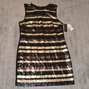 Laundry By Shelli Segal Black and Gold Striped Sequin Dress